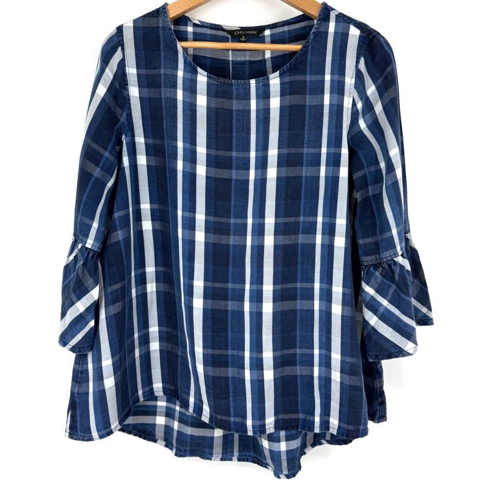 John Mark Small Blouse Blue Plaid Tencel Bell Sleeve Americana Coastal Boho Chic